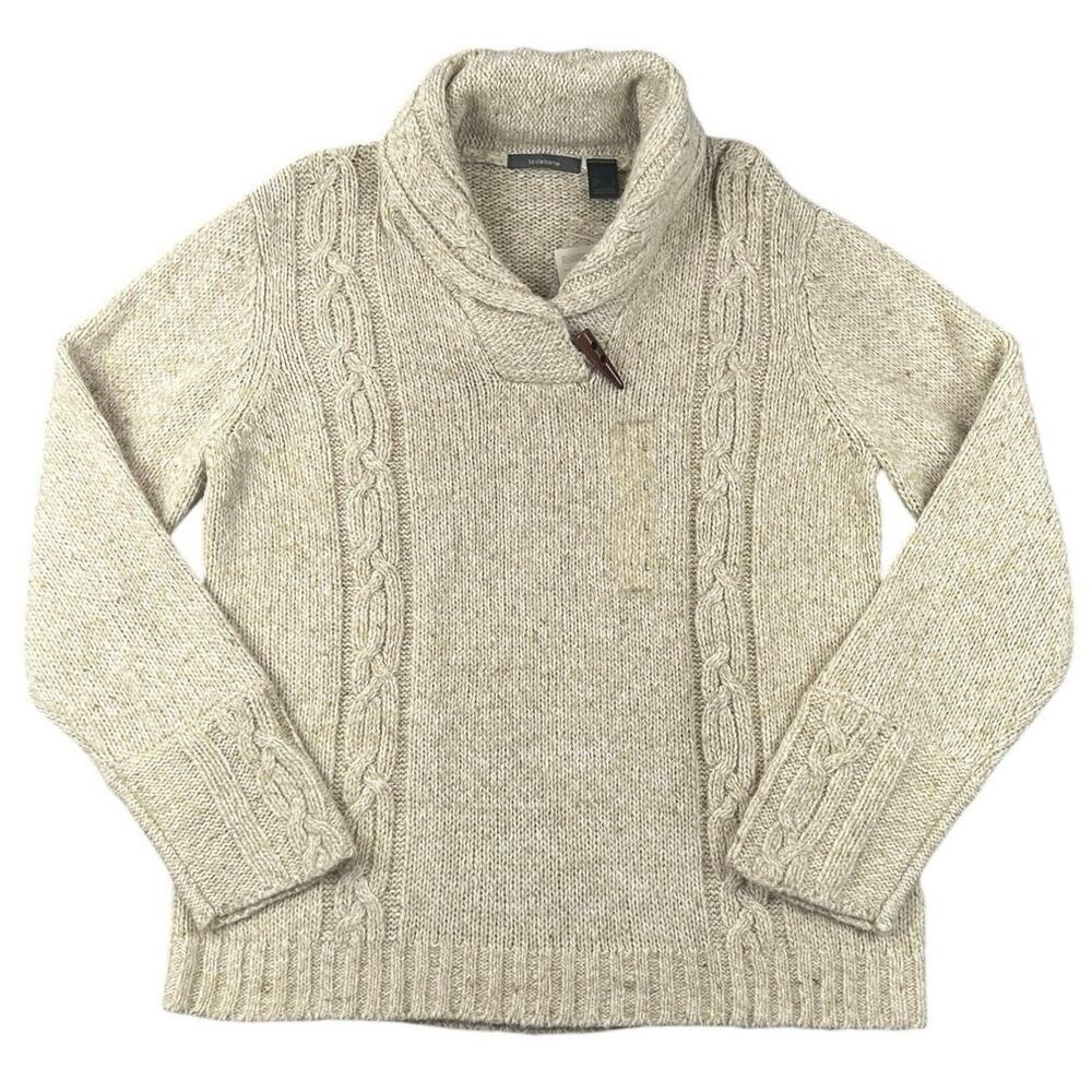 NWT Liz Claiborne Cable Knit Toggle Sweater Oatmeal Shawl Collar Wool Blend - L